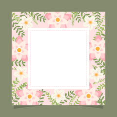 Floral greeting card and invitation template for wedding or birthday anniversary, Vector shape of text box label and frame, Pink flowers wreath ivy style with branch and leaves.