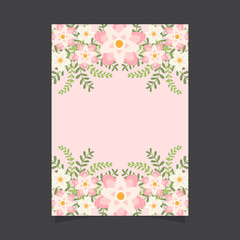 Common size of floral greeting card and invitation template for wedding or birthday anniversary, Vector shape of text box label and frame, Pink flowers wreath ivy style with branch and leaves.