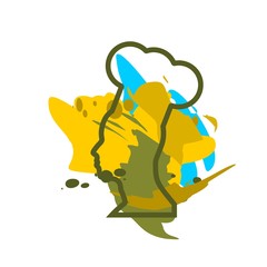 Chef in a cooking hat silhouette. Kitchen simple thin line icon. Brush stroke backdrop