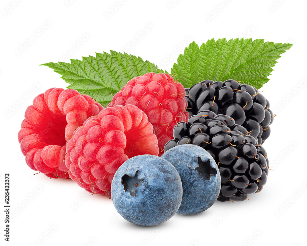 Canvas Prints wild berries mix, raspberry, blueberries, blackberries isolated on white background, clipping path, 