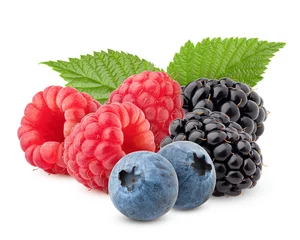 Tuinposter wild berries mix, raspberry, blueberries, blackberries isolated on white background, clipping path, full depth of field © grey