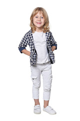 Portrait of little boy posing on white background