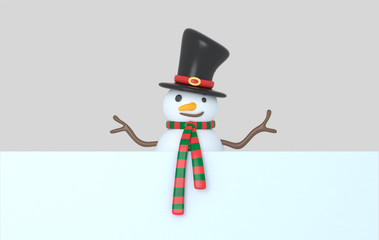 Snowman holding a White banner. 3d Illustration. Isolated.