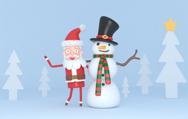 Snowman & Santa in a forest scene. 3d illustration. Isolated.