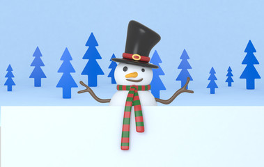 Snowman holding a big white banner. 3d Illustration. Isolated.
