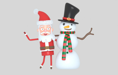 Snowman & Santa congratulating Christmas. 3d illustration. Isolated.