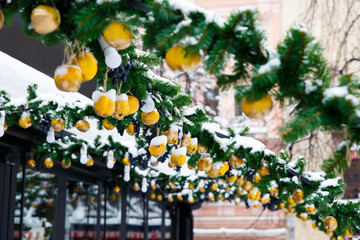 Christmas decoration on the street. trees with yellow lemons. Christmas concept exterior