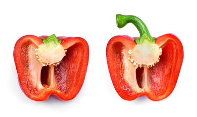 Red bell peppers, isolated on white background. Red bell pepper vegetables arrangement, top view.