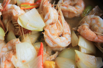 Shrimp stir fry in a pan, Thai food