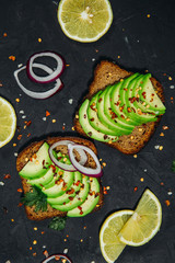 specy ru toasts with avocado and lemon, top view
