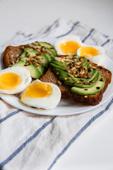 Avocado Sandwich with Poached Egg - sliced avocado and egg on toasted bread for healthy breakfast or snack, copy space.