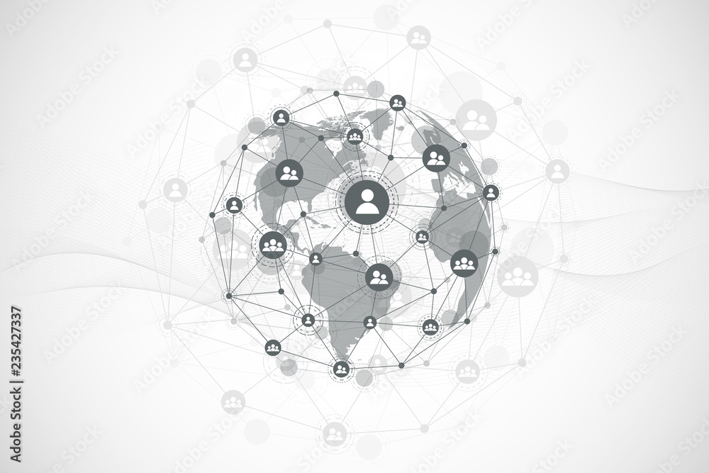 Poster Futuristic abstract background blockchain technology. Global internet network connection. Peer to peer network business concept. Global cryptocurrency blockchain vector banner. Wave flow