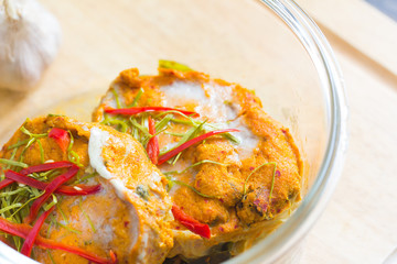 Steamed seafood with curry paste. Thai food