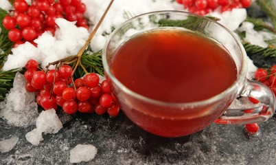 Winter still life with spruce branches and a cup of tea from viburnum berries on a surface covered with hoarfrost and snow