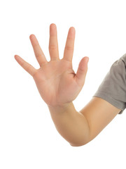Human hand in reach out one's hand and showing 5 fingers gesture isolate on white background with clipping path, High resolution and low contrast for retouch or graphic design