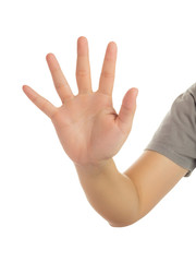 Human hand in reach out one's hand and showing 5 fingers gesture isolate on white background with...