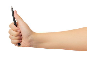 Human hand in reach out one's hand and holding black ballpoint pen gesture isolate on white background with clipping path, High resolution and low contrast for retouch or graphic design