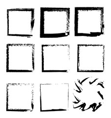 Collection of square black hand drawn grunge frames, borders set. Set of design elements.