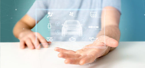 Man holding a Dashboard smartcar interface dashboard 3d rendering