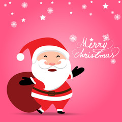 Christmas background with Santa Claus   holding gifts bag on soft pastel pink color background