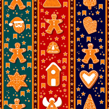 Seamless pattern of gingerbread characters. Vector illustration. Happy winter holidays poster. New year.