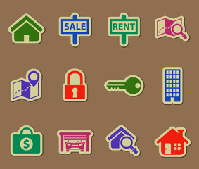 real estate color vector icons on paper stickers