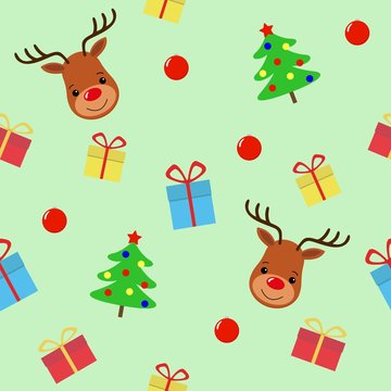Merry Christmas with deer seamless pattern. Holiday cartoon vector. Cute wildlife animal character.
