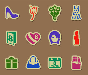 8 march color vector icons on paper stickers