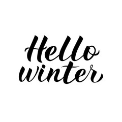 Naklejka premium Hello Winter calligraphy lettering isolated on white. Quote hand written with brush. Typography poster. Vector illustration. Easy to edit template.