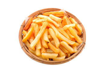 Fries fry in a basket isolated on white background.