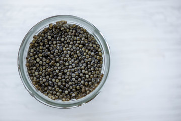 Top view of black beluga russian caviar, macro shot