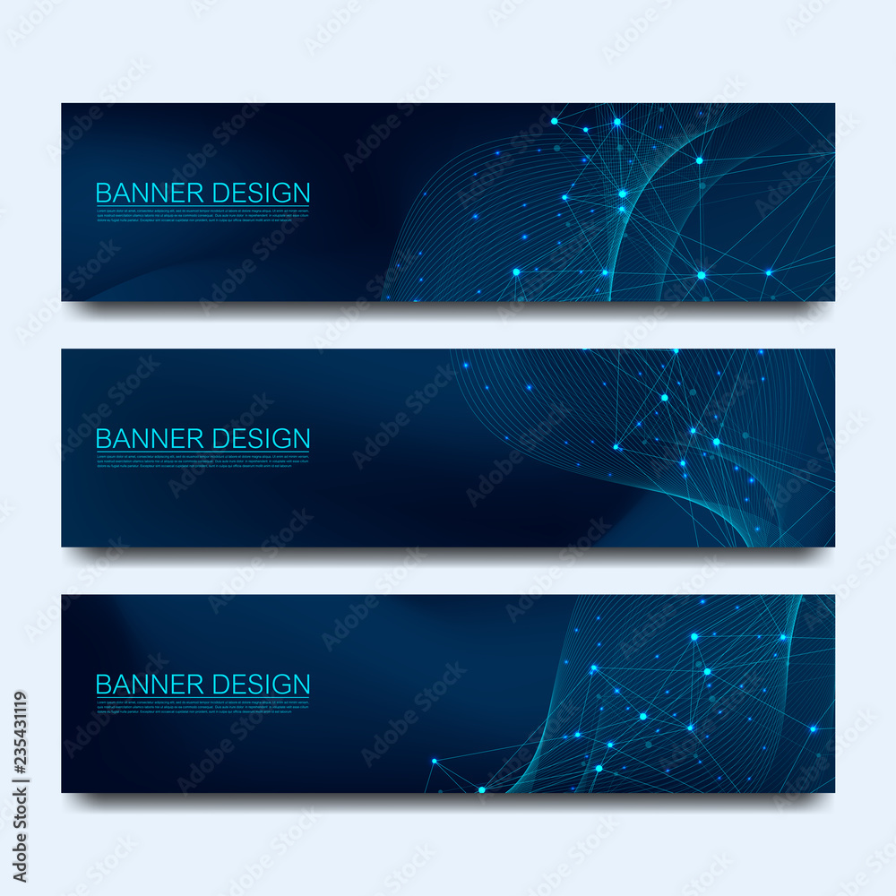 Poster Abstract molecules banners set with lines, dots, circles, polygons. Vector design network communication background. Futuristic digital science technology concept for web banner template or brochure.