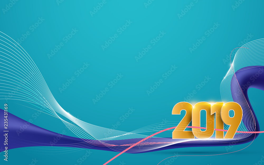 Poster happy new year 2019. abstract lines wavy and futuristic motion background