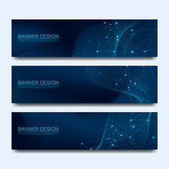 Fototapeta premium Abstract molecules banners set with lines, dots, circles, polygons. Vector design network communication background. Futuristic digital science technology concept for web banner template or brochure.