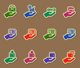 hand and money color vector icons on paper stickers