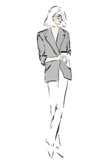 Young beautiful woman in jacket with cup of coffee. Fashion vector illustration, sketch