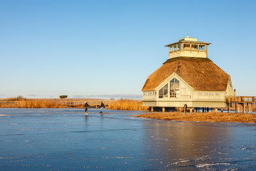 Lovely winter day with skaters on the lake hornborgasjon