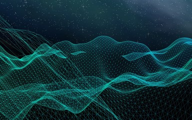 Star horizon. Abstract landscape on a dark background. Cyberspace grid. Hi-tech network. Outer space. Starry outer space texture. 3D illustration