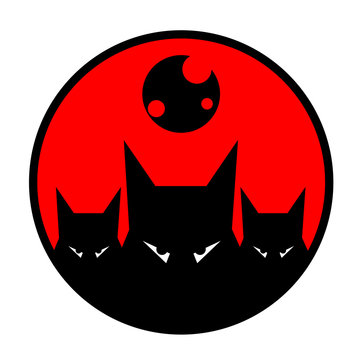 Pack of wolf heads on the background of the red moon