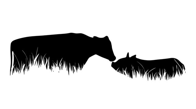black cow and calf in grass