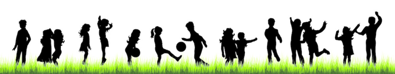 Vector silhouette of children on the garden on white background.