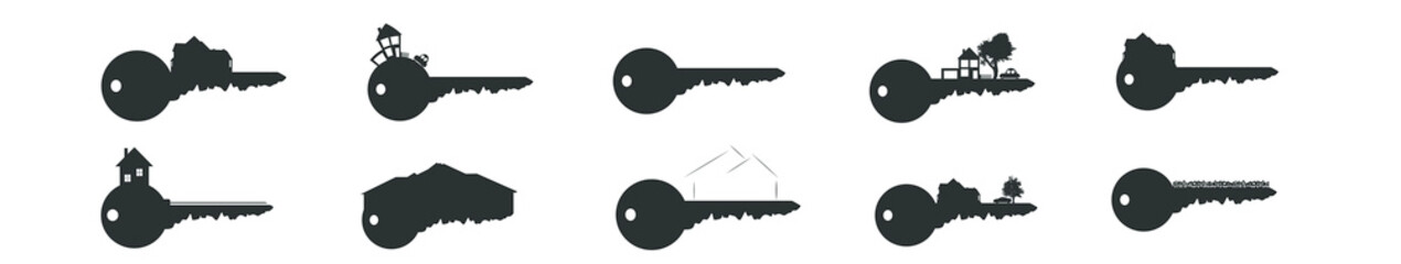 Vector silhouette set of key with house..