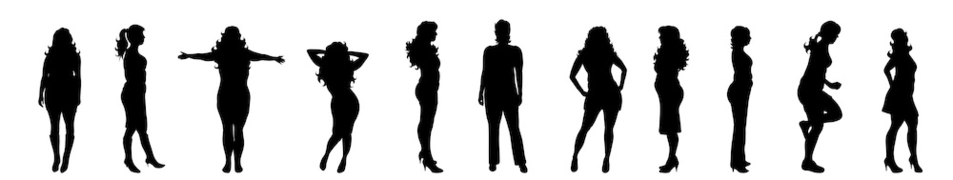 Vector silhouette of fat woman on white background.