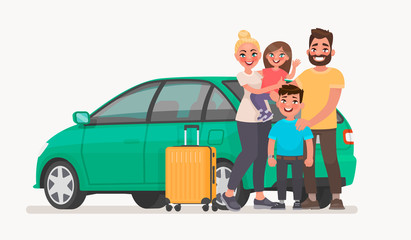 Happy family near the car with luggage. Family travel in a vehicle