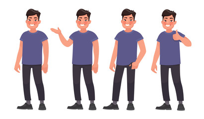 Set of character a handsome Asian man in casual wear in different poses. Vector illustration