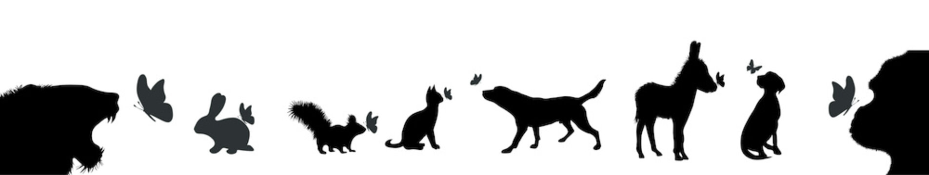 Vector silhouette of animal set with butterfly on white background.