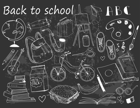 Back to school. Graphic vector set. All elements are isolated. Chalk style. White elements, black background