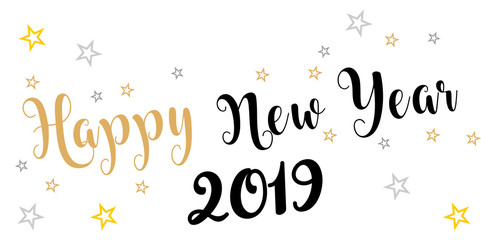 2019 hand written lettering with golden Christmas stars on a black background. Happy New Year card design. Vector illustration EPS
