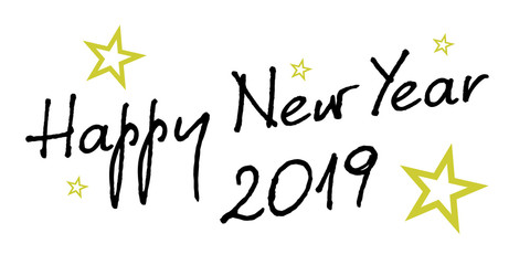 2019 hand written lettering with golden Christmas stars on a black background. Happy New Year card design. Vector illustration EPS