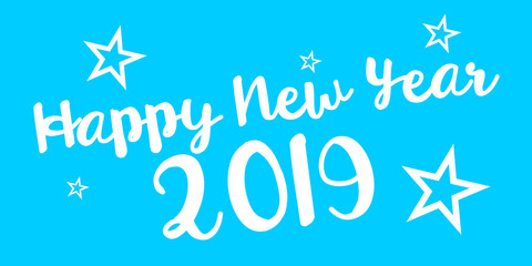 2019 hand written lettering with golden Christmas stars on a black background. Happy New Year card design. Vector illustration EPS